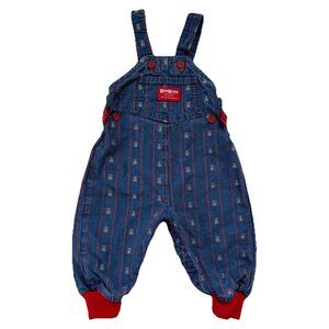 Osh Kosh B'Gosh Vintage Rare Denim Overalls Baby 6/9 Months Teddy Bear Red Strip